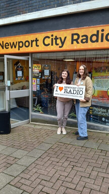 Melissa and Amber stood in front of Newport City Radio