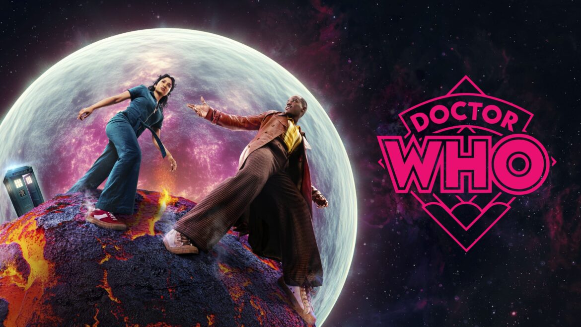 A promotional image for the next series of Doctor Who. It shows Belinda (Varada Sethu) and The Doctor (Ncuti Gatwa) stood in what appears to be space with a pink Doctor Who logo beside them.