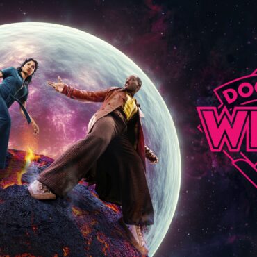 A promotional image for the next series of Doctor Who. It shows Belinda (Varada Sethu) and The Doctor (Ncuti Gatwa) stood in what appears to be space with a pink Doctor Who logo beside them.