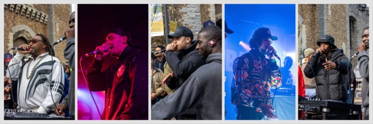 A collage of 5 images each containing a Newport artist. From left to right, Benji Webbe, Murkage, Man Like Vision, Truth and Yung Tay.