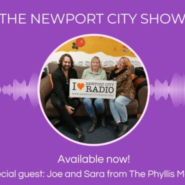 Kym sat on sofa with Joe and Sara from The Phyllis Maud