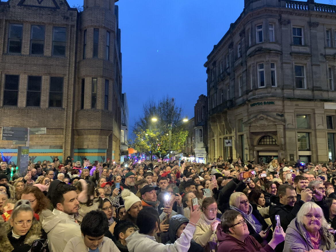 Official photo of the 2025 Christmas lights switch on in Newport
